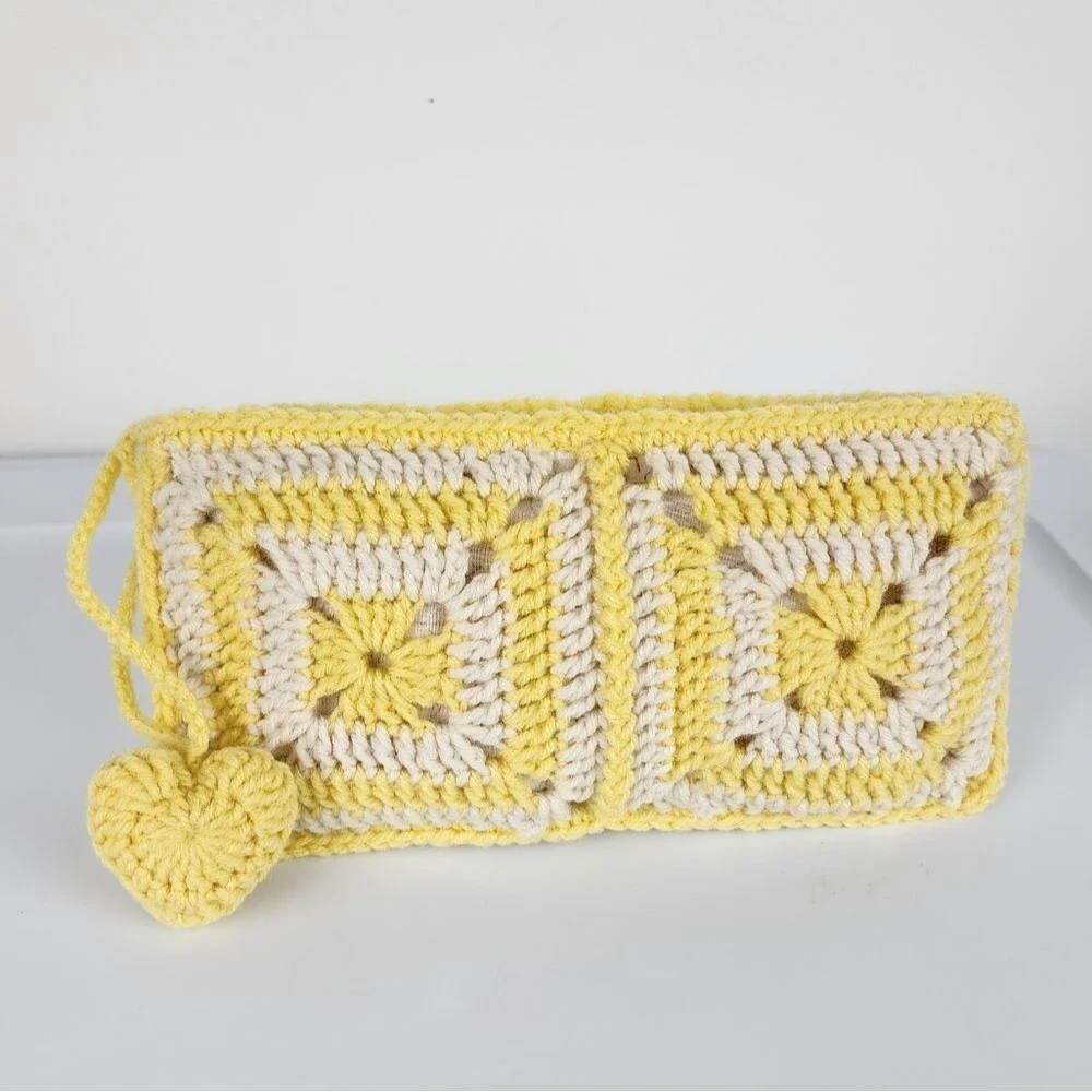 Handmade Crochet Granny Square Clutch Yellow Cream Boho Heart Charm Makeup Pouch - Picture 4 of 15